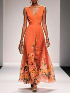 Vestido floral convidada de casamento com decote V e silhueta evasê fluida