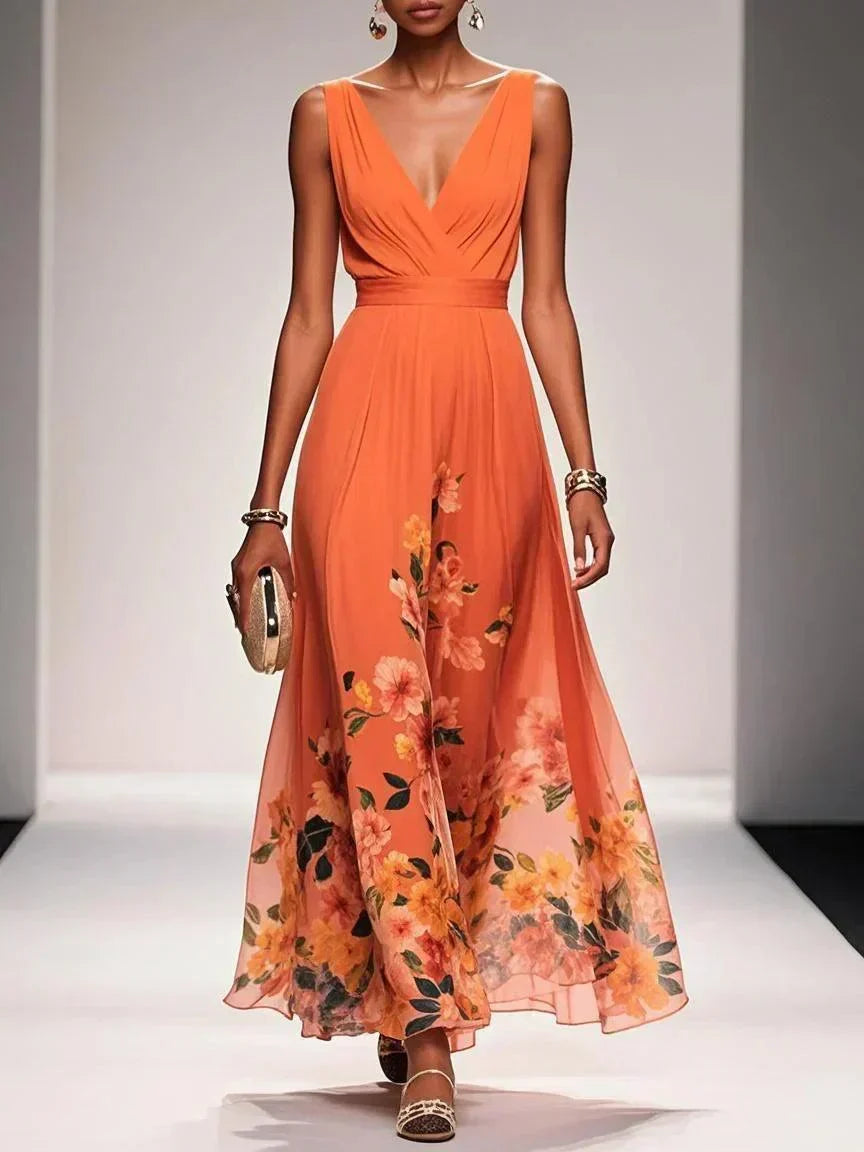 Vestido floral convidada de casamento com decote V e silhueta evasê fluida