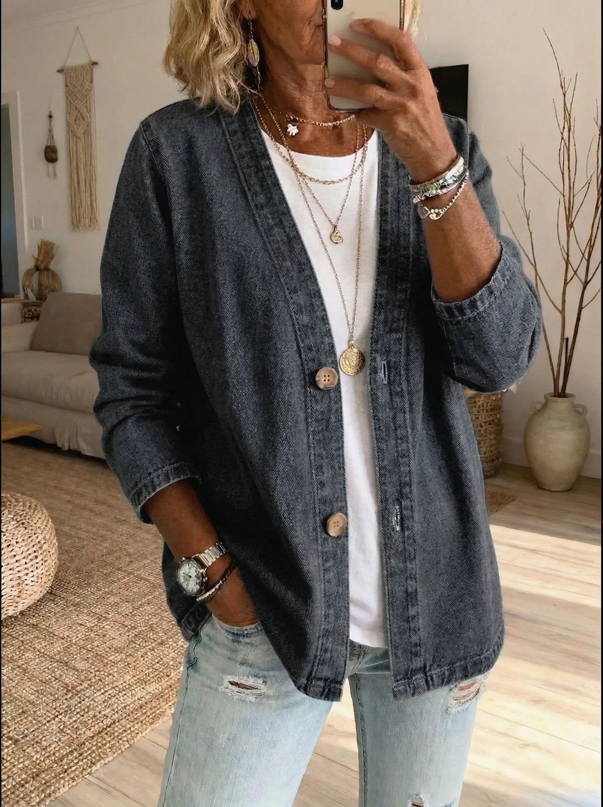 Casaco cardigan feminino denim com botões corte reto manga comprida