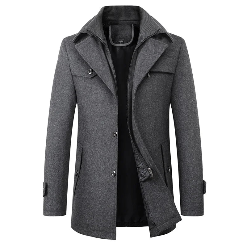 Casaco pea coat homem comprimento médio lapela entalhada fecho botões