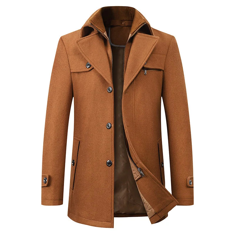 Casaco pea coat homem comprimento médio lapela entalhada fecho botões