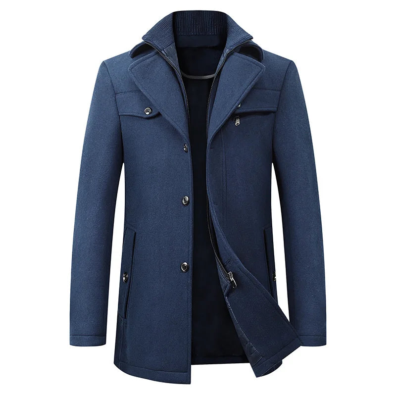 Casaco pea coat homem comprimento médio lapela entalhada fecho botões