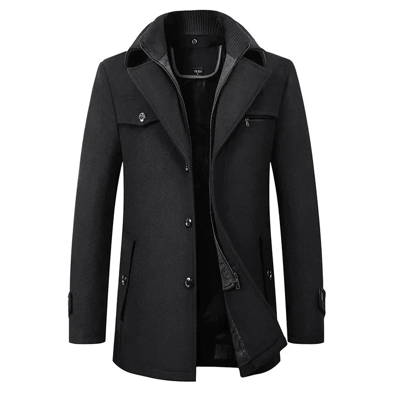 Casaco pea coat homem comprimento médio lapela entalhada fecho botões