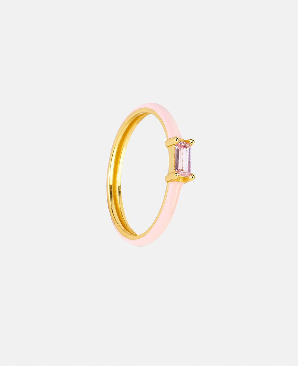 Anel de prata dourado rosa com esmalte e zircônia rosa, design minimalista feminino