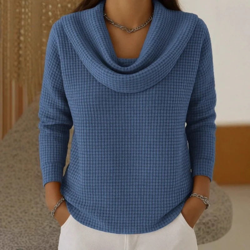 Camisola feminina waffle com gola cascata elegante