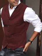 Colete masculino herringbone ajuste sob medida com lapela entalhe e 5 botões