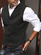 Colete masculino herringbone ajuste sob medida com lapela entalhe e 5 botões