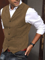 Colete masculino herringbone ajuste sob medida com lapela entalhe e 5 botões