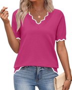 Top feminino viscose manga curta decote em V estilo casual escritório