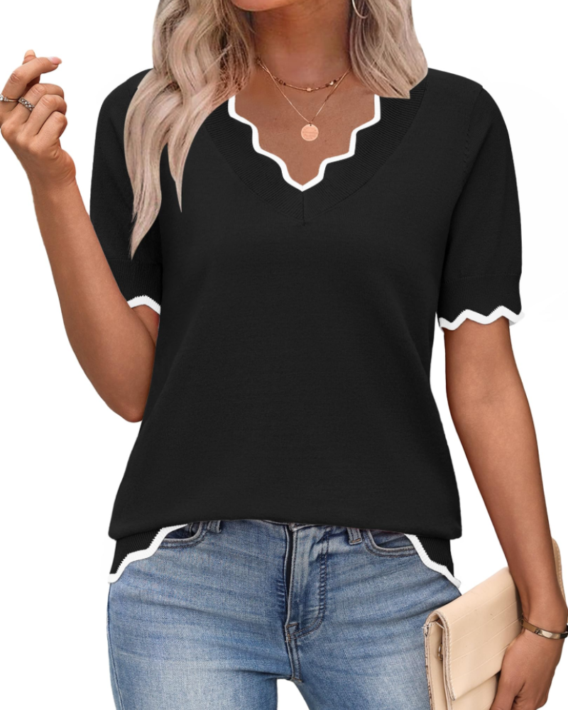 Top feminino viscose manga curta decote em V estilo casual escritório