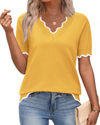 Top feminino viscose manga curta decote em V estilo casual escritório
