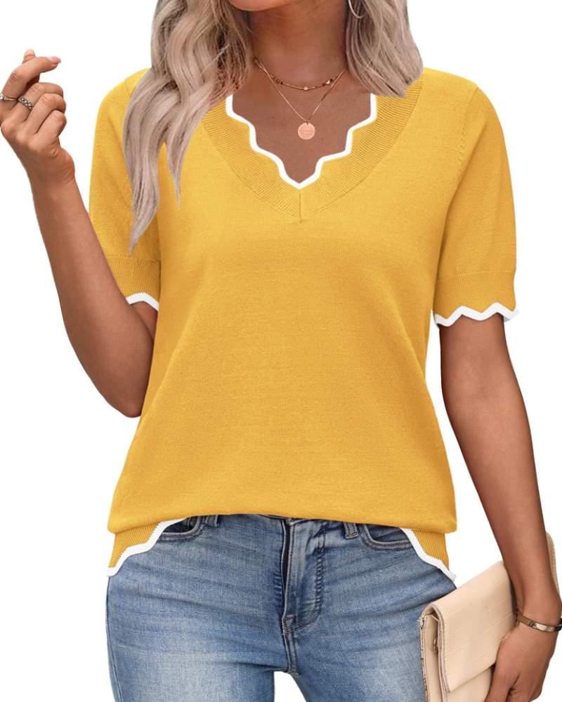 Top feminino viscose manga curta decote em V estilo casual escritório