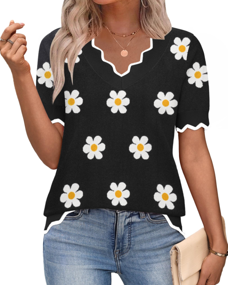 Top feminino viscose manga curta decote em V estilo casual escritório