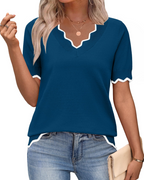 Top feminino viscose manga curta decote em V estilo casual escritório