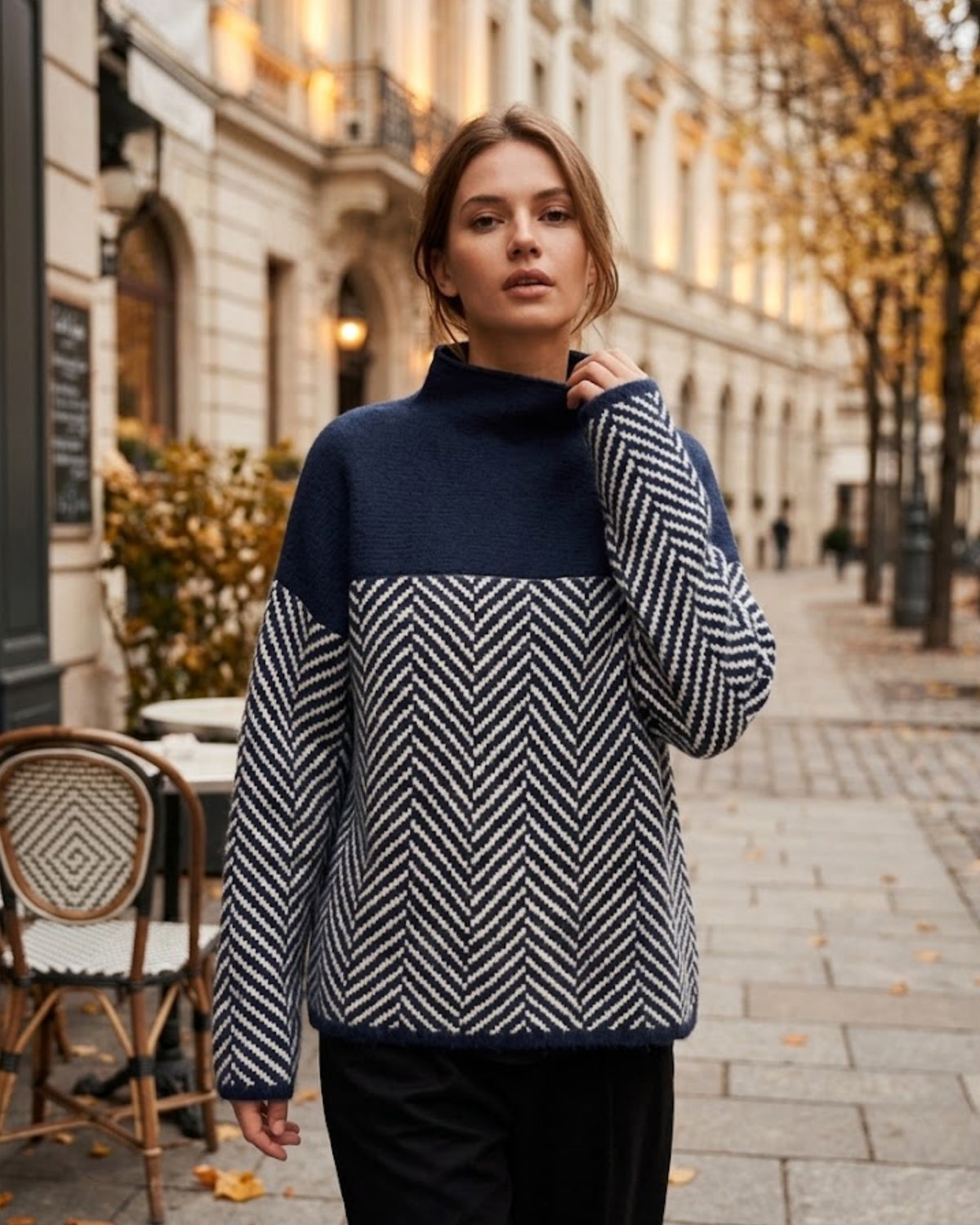 Camisola gola alta feminina cachemire padrão chevron corte amplo
