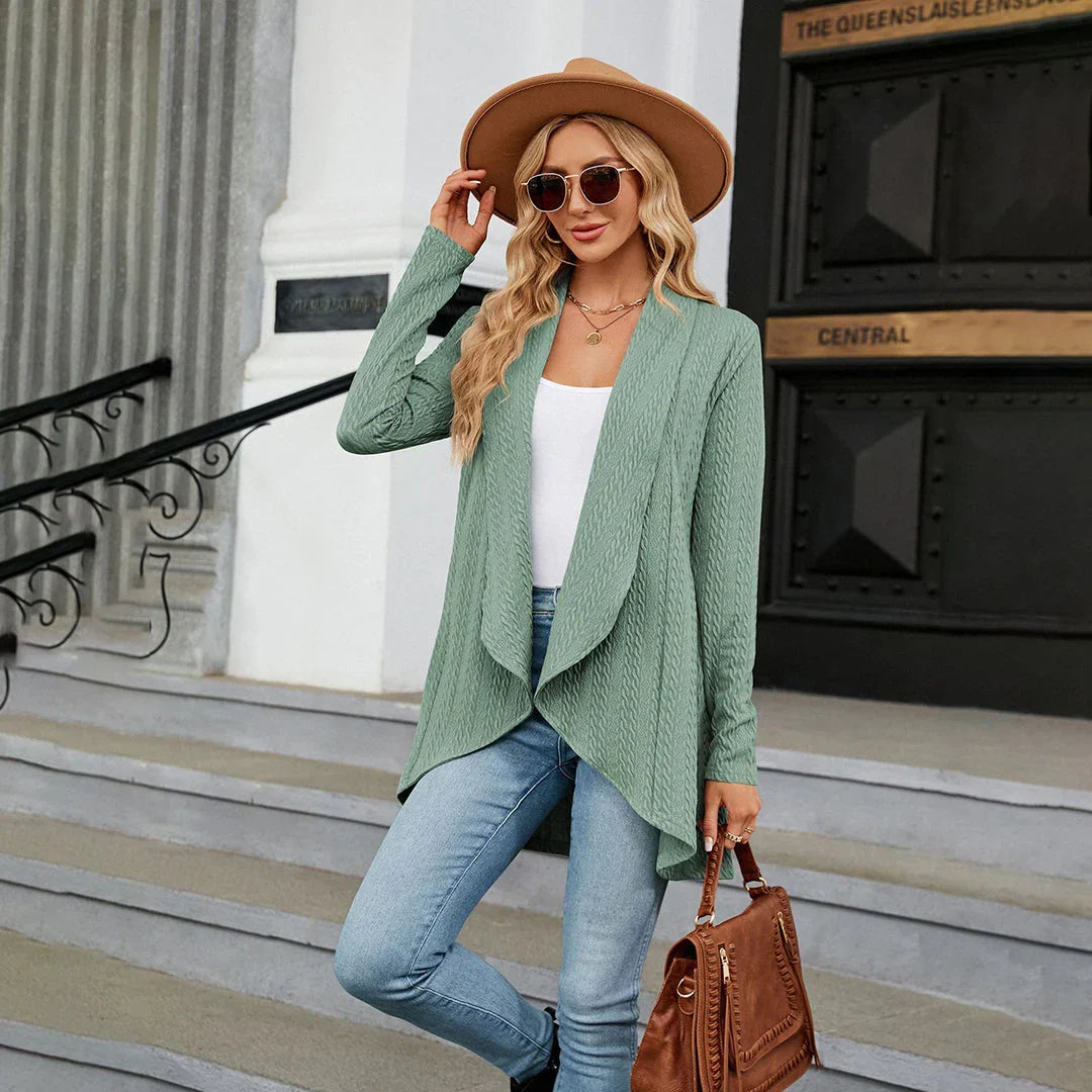 Cardigan mulher malha aberto na frente comprimento até à anca