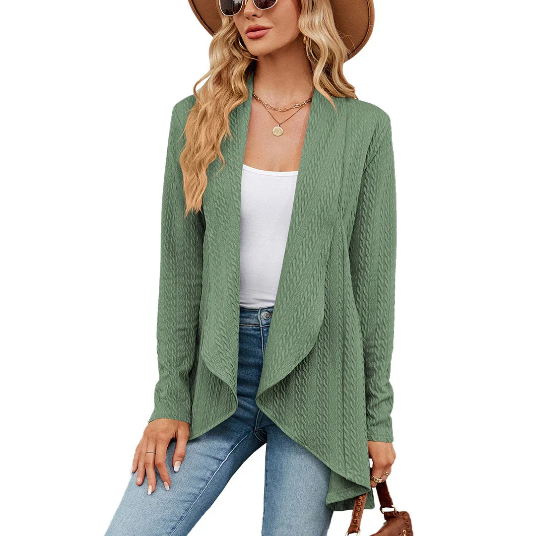 Cardigan mulher malha aberto na frente comprimento até à anca