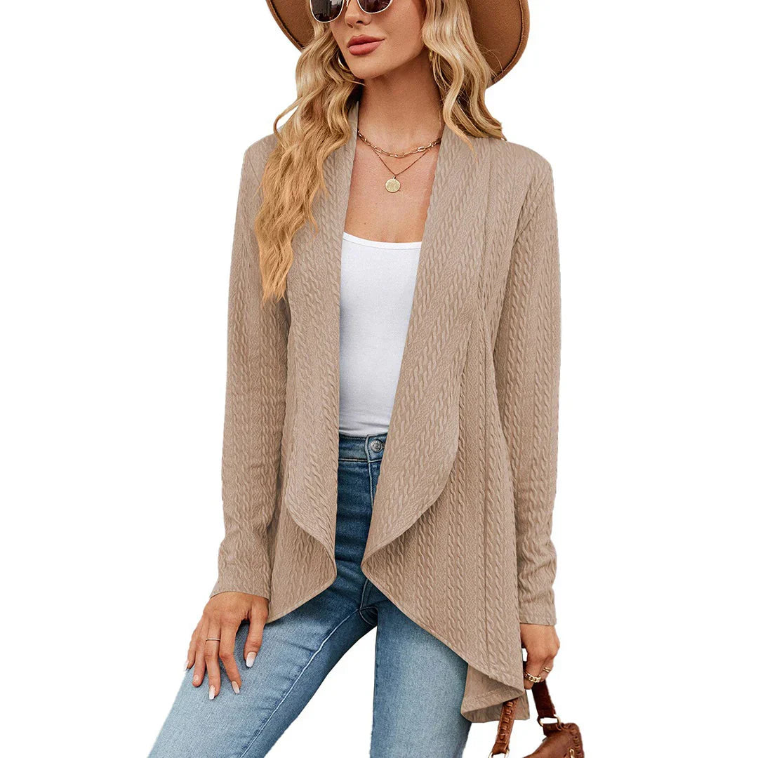 Cardigan mulher malha aberto na frente comprimento até à anca