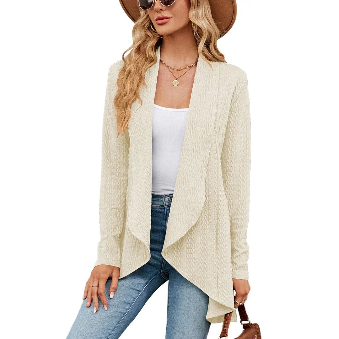 Cardigan mulher malha aberto na frente comprimento até à anca