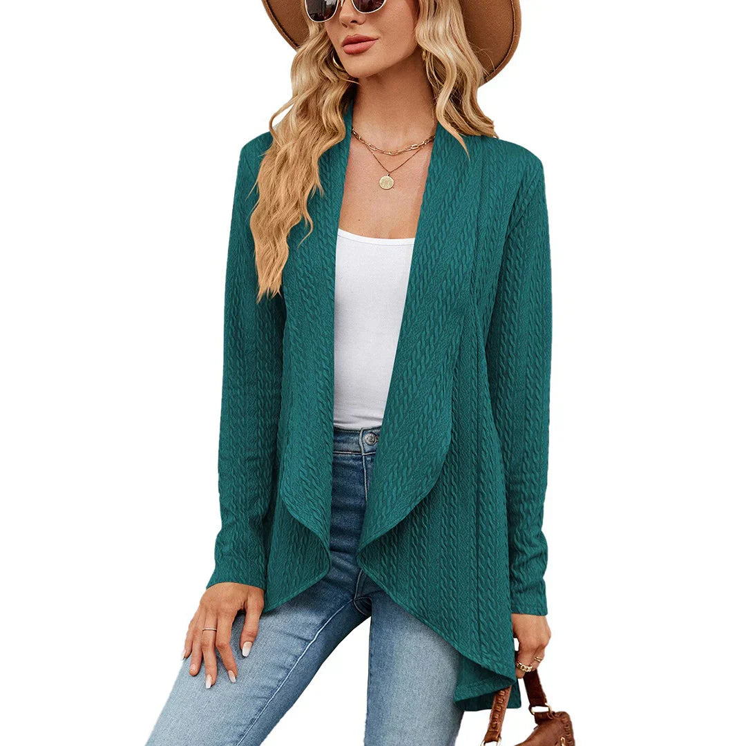 Cardigan mulher malha aberto na frente comprimento até à anca