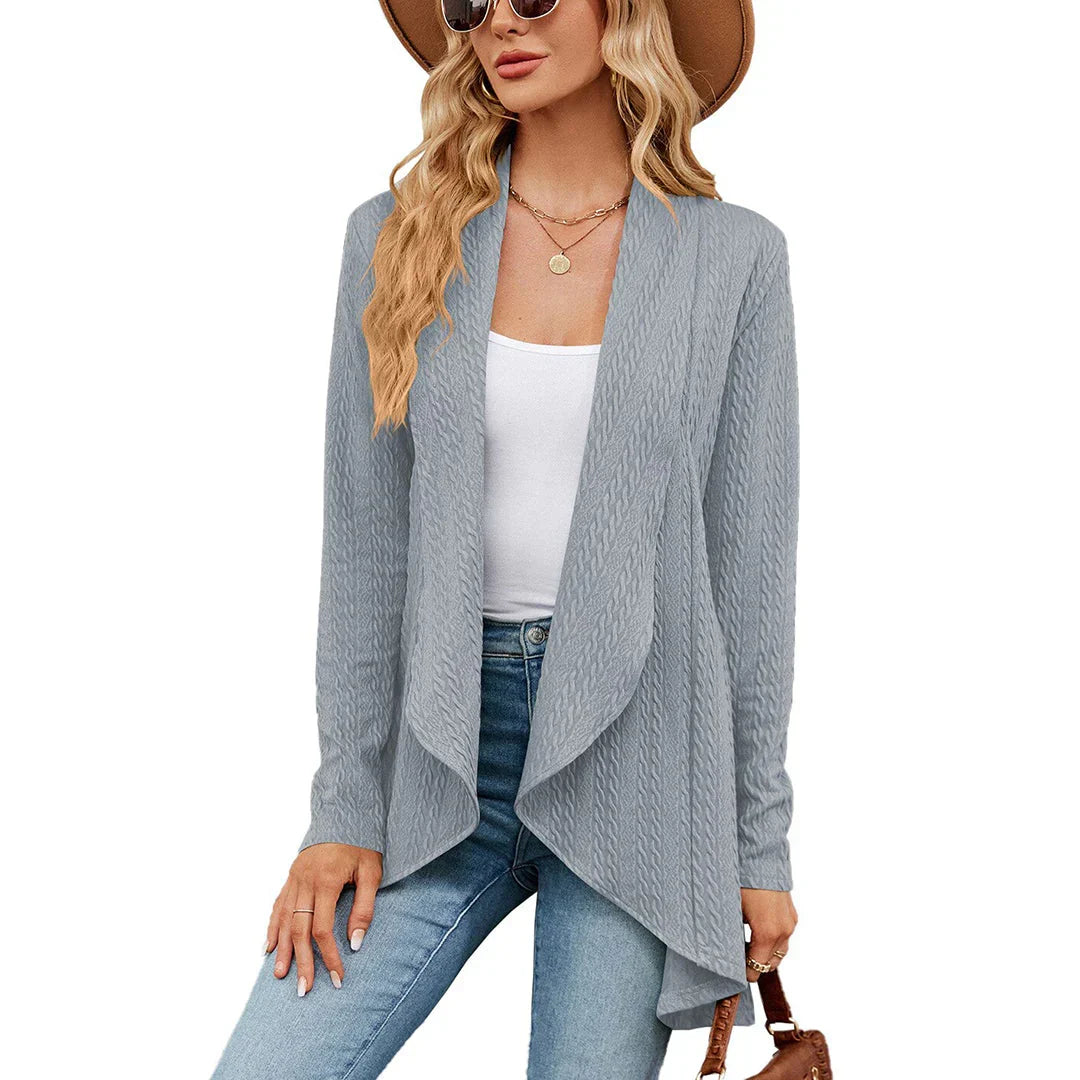 Cardigan mulher malha aberto na frente comprimento até à anca
