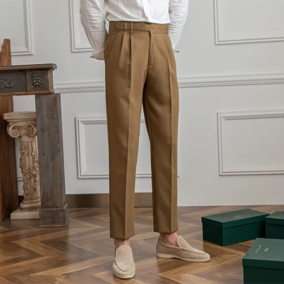 Calças masculinas plissadas cintura alta corte clássico elegante