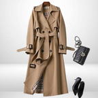 Trench coat mulher algodão clássico com cinto na cintura e duplo abotoamento