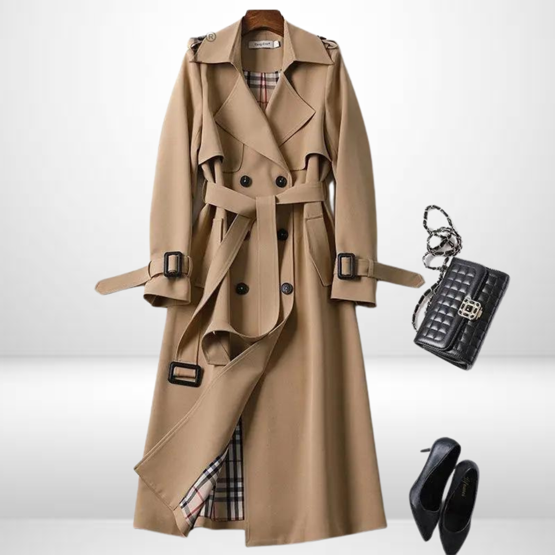 Trench coat mulher algodão clássico com cinto na cintura e duplo abotoamento