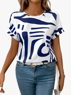 T-shirt feminina estampa abstrata manga curta gola redonda