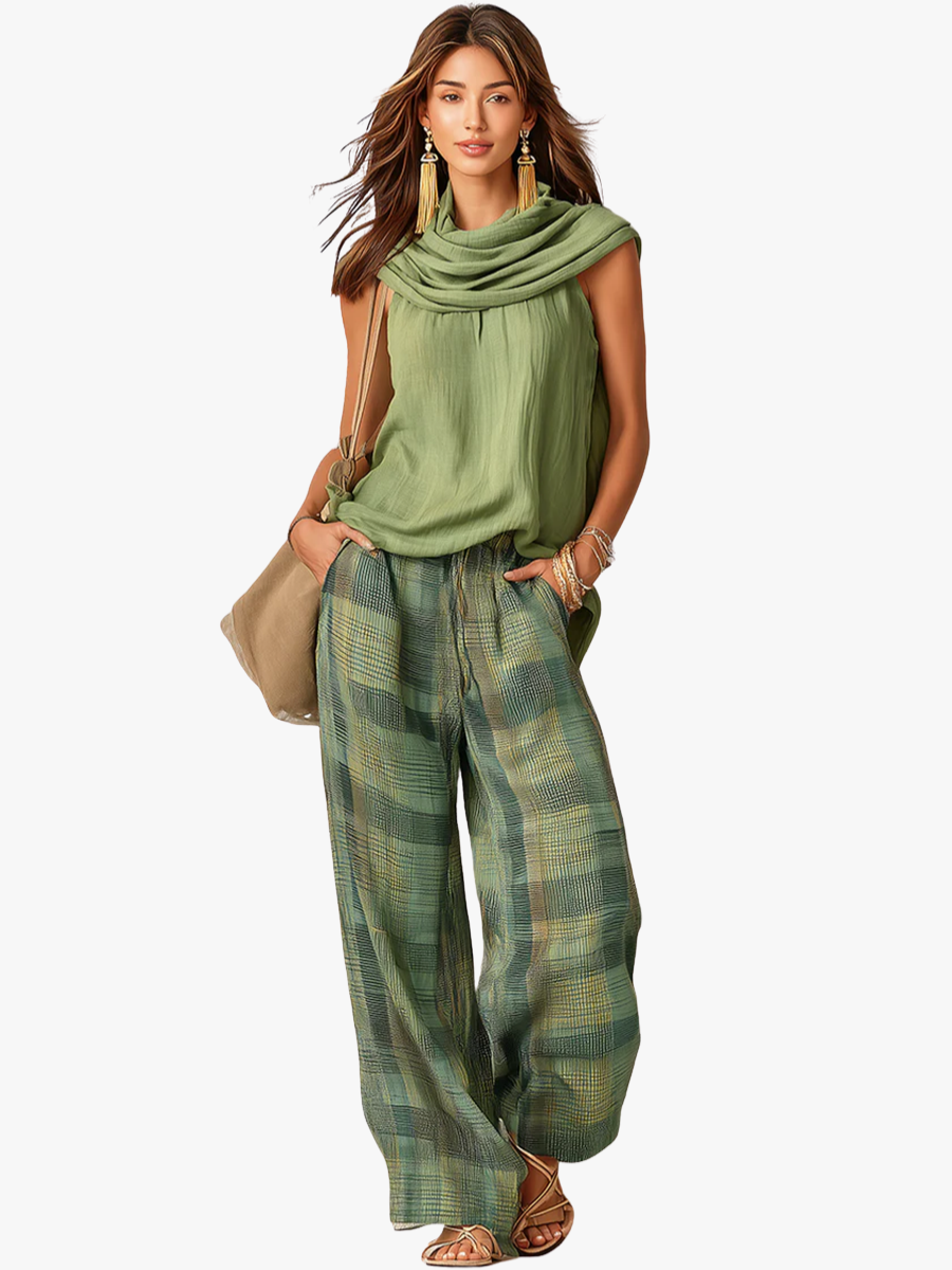Conjunto feminino blusa e calça wide leg floral padrão natural verde