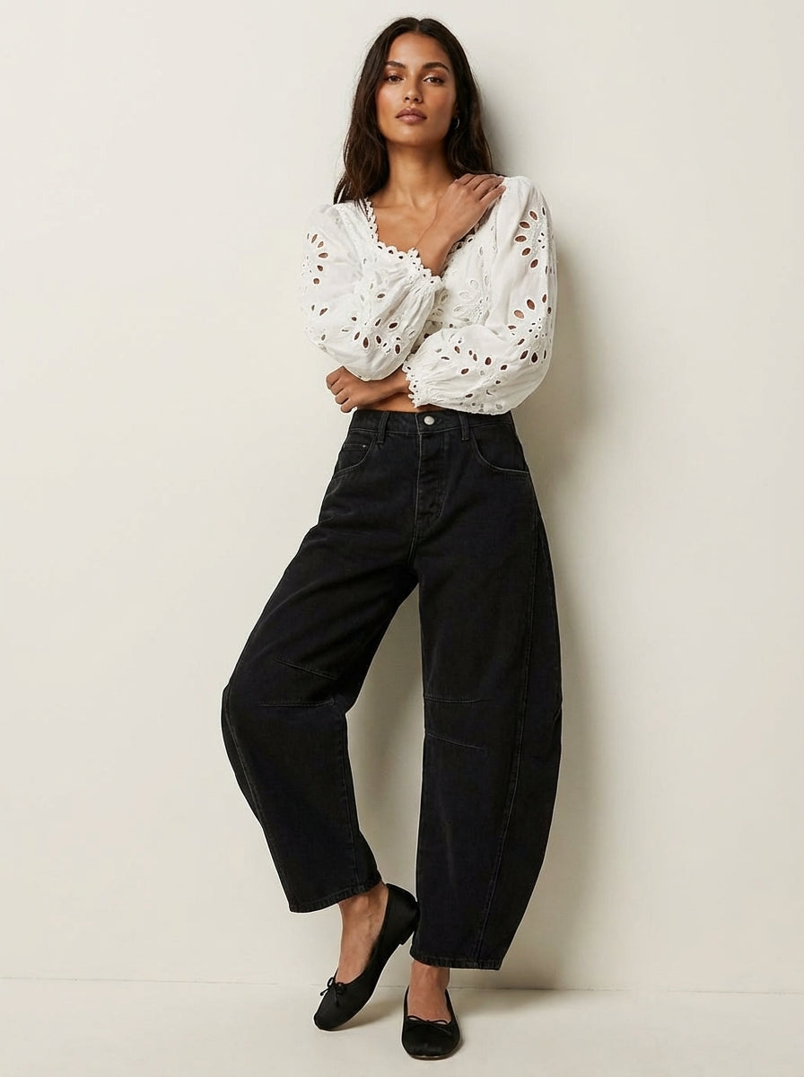 Jeans baggy mulher cintura alta corte relaxado denim