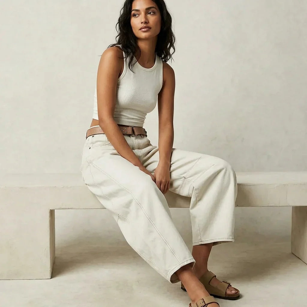 Jeans baggy mulher cintura alta corte relaxado denim
