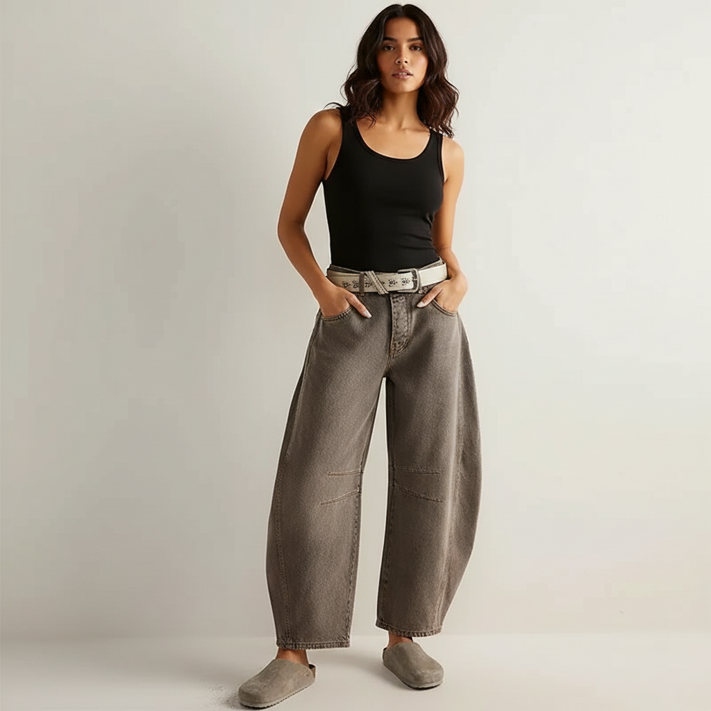 Jeans baggy mulher cintura alta corte relaxado denim