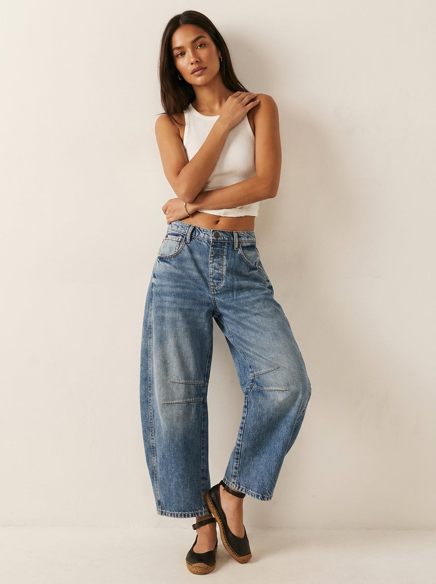 Jeans baggy mulher cintura alta corte relaxado denim