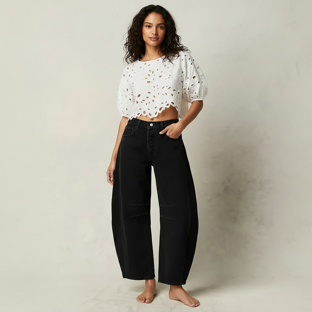 Jeans baggy mulher cintura alta corte relaxado denim