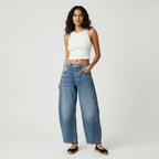 Jeans baggy mulher cintura alta corte relaxado denim