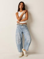 Jeans baggy mulher cintura alta corte relaxado denim