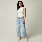 Jeans baggy mulher cintura alta corte relaxado denim