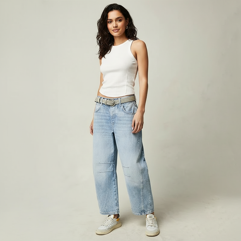 Jeans baggy mulher cintura alta corte relaxado denim