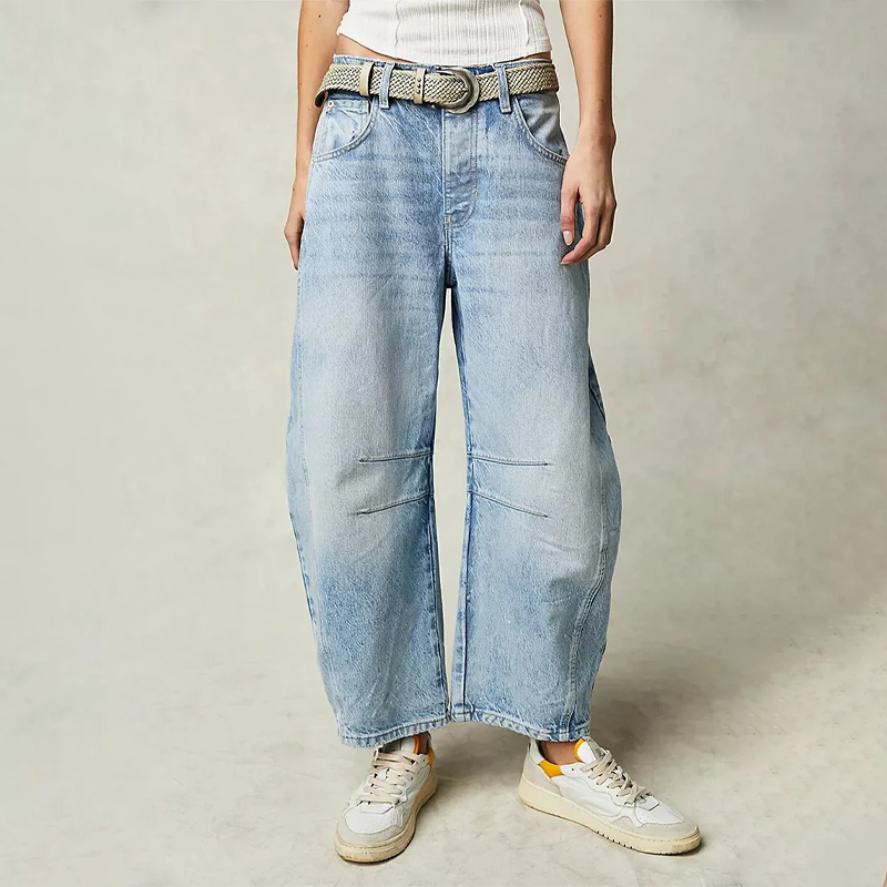 Jeans baggy mulher cintura alta corte relaxado denim