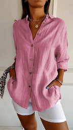 Camisa feminina linho oversized com botões e colarinho clássico