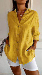 Camisa feminina linho oversized com botões e colarinho clássico