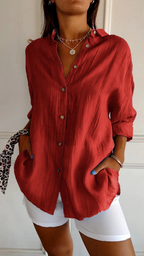 Camisa feminina linho oversized com botões e colarinho clássico