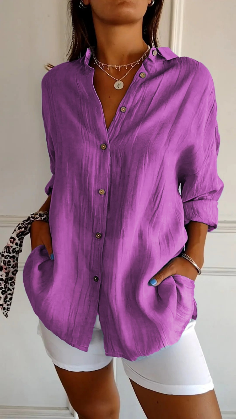 Camisa feminina linho oversized com botões e colarinho clássico
