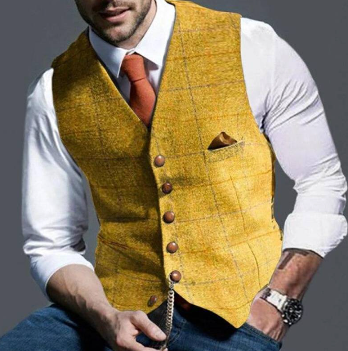 Colete slim fit masculino com gola lapela entalhada e fechamento por botões