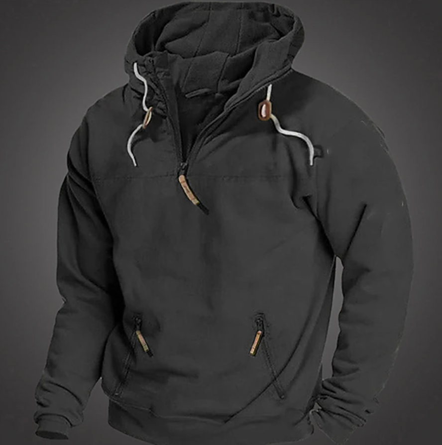 Hoodie quarter zip homem com bolso canguru e capuz ajustável fit relaxado