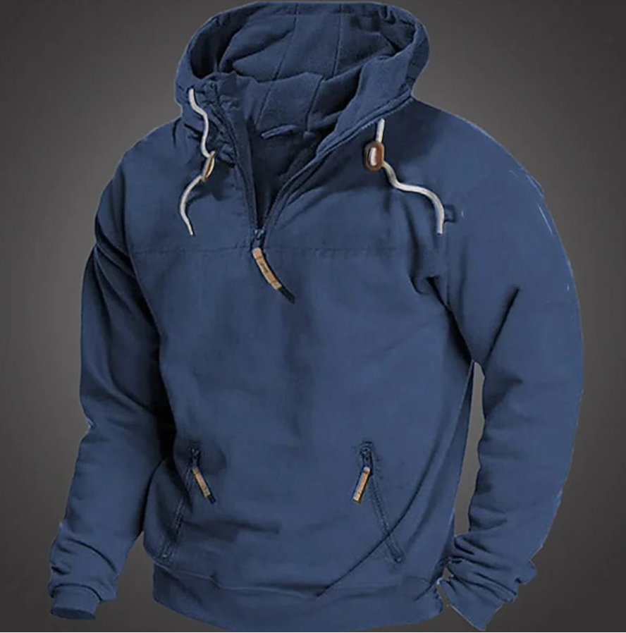 Hoodie quarter zip homem com bolso canguru e capuz ajustável fit relaxado