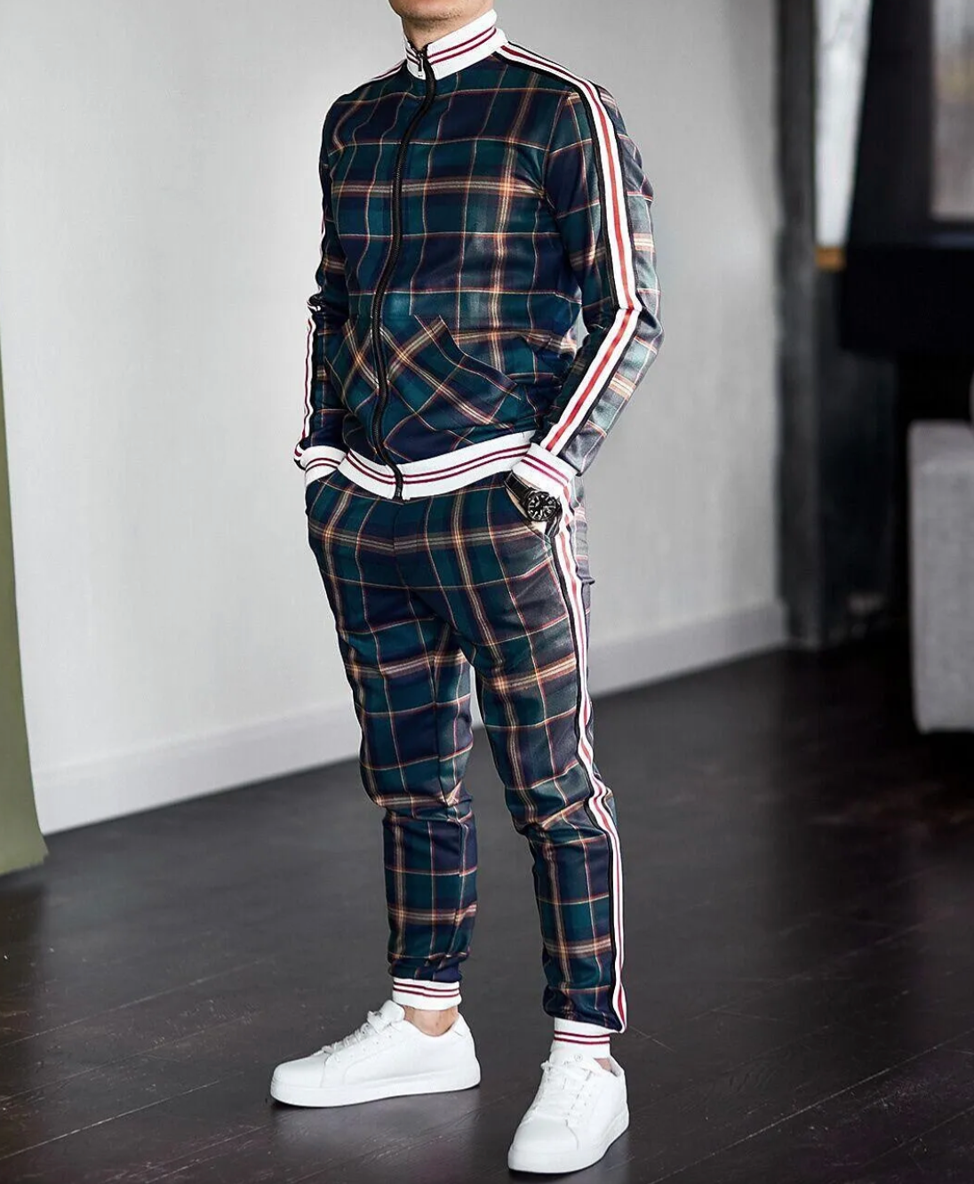 Conjunto de treino masculino padrão xadrez 2 peças slim fit gola alta