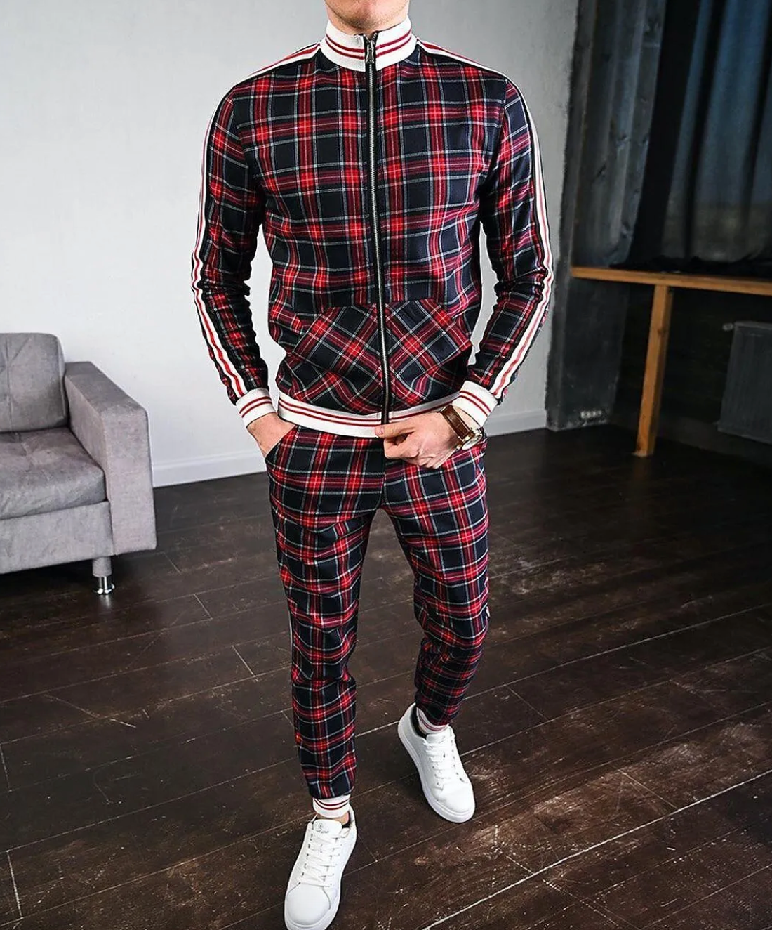 Conjunto de treino masculino padrão xadrez 2 peças slim fit gola alta