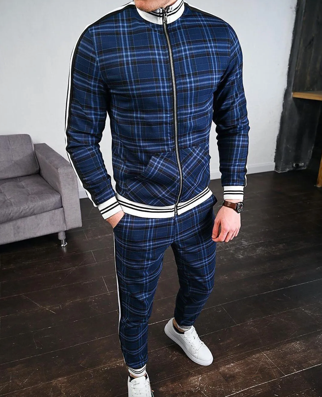Conjunto de treino masculino padrão xadrez 2 peças slim fit gola alta